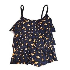 INTL Details Women's Animal Print Tiered Ruffled Tankini Top Navy Blue Large
